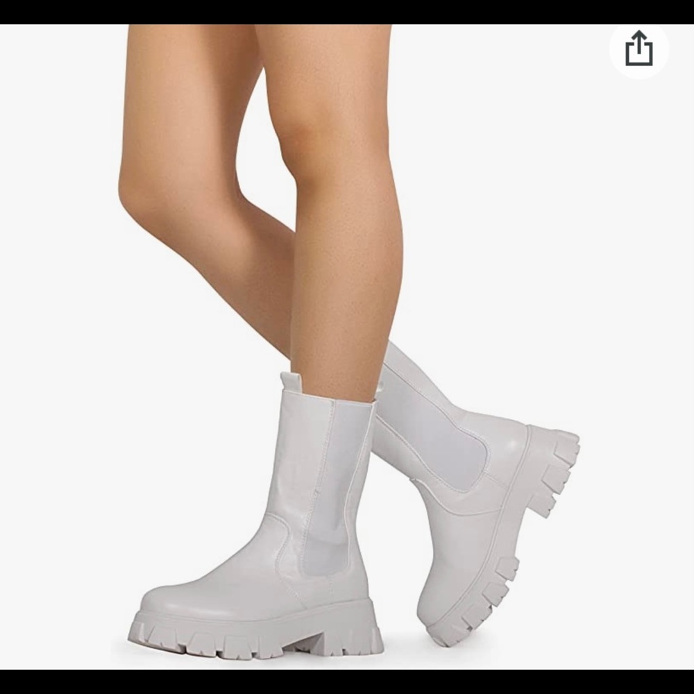 White chunky heel mid calf Chelsea boots